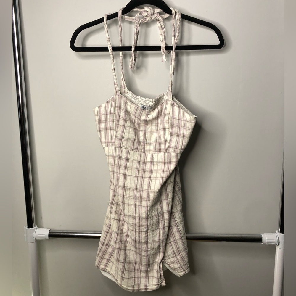 Hollister Abercrombie Fitch  Cream Blush Plaid Halter Tie Neck Mini Small Dress